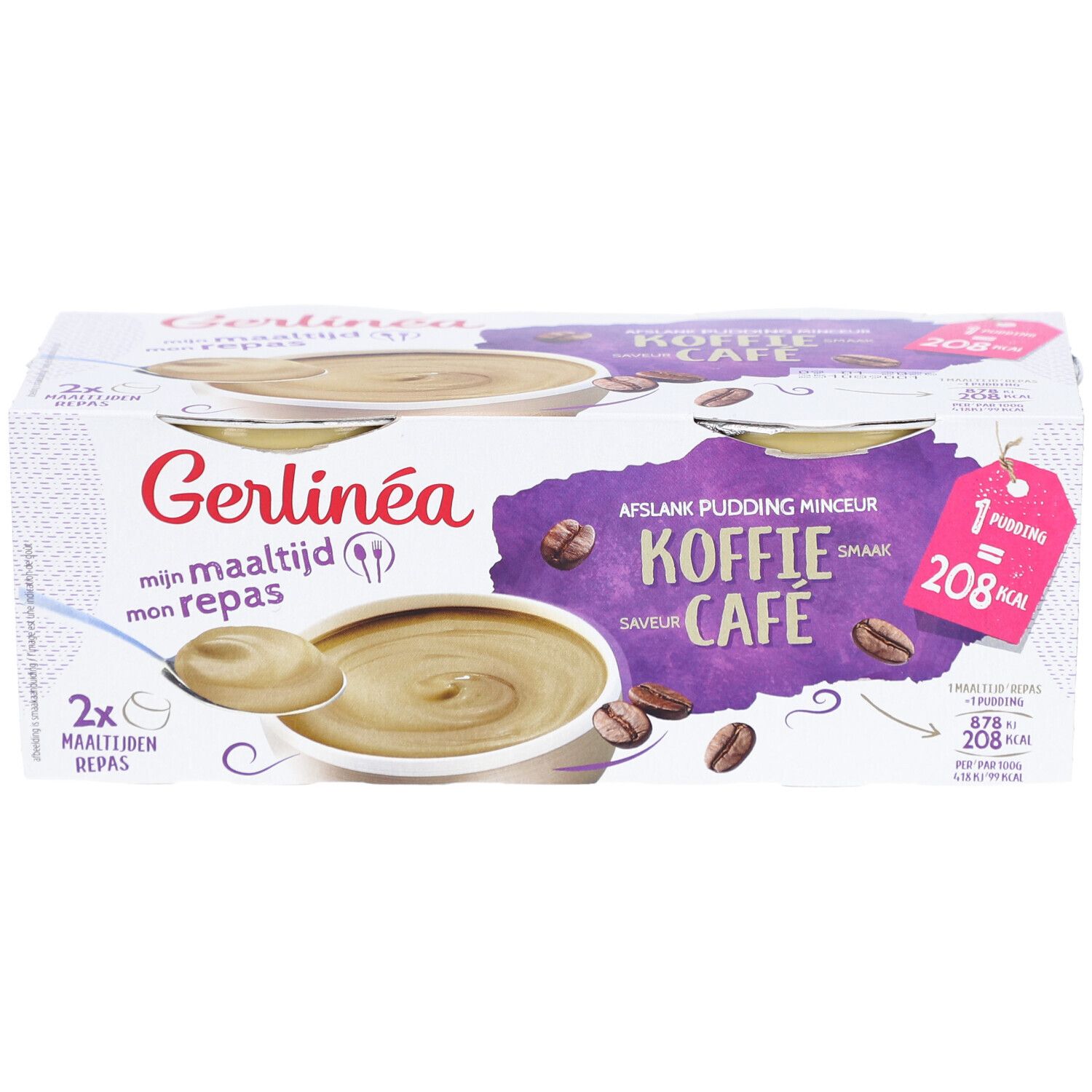 Emballage de deux puddings. Inscription: Gerlinéa, goût café, 208 kcal par portion.
