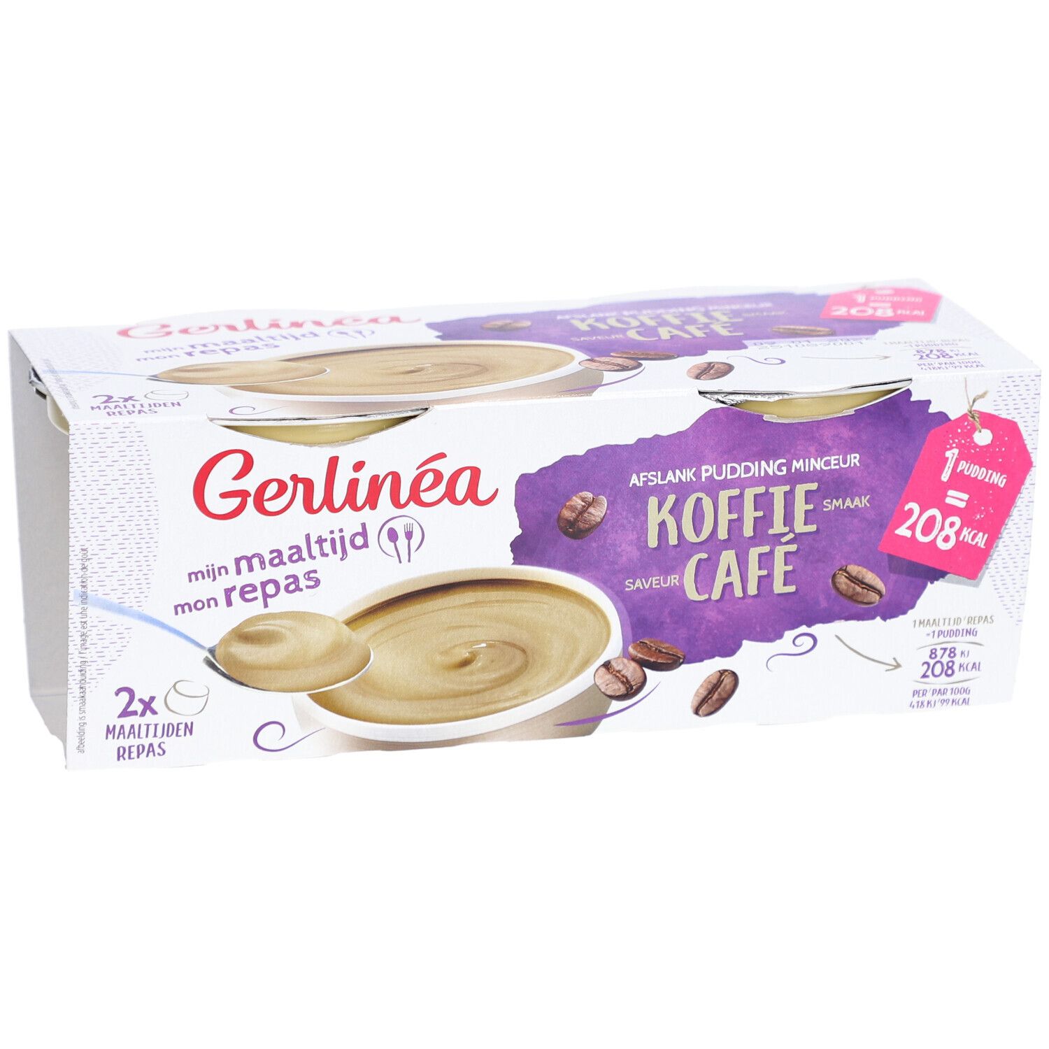 Emballage de deux puddings. Inscription: Gerlinéa, goût café, 208 kcal par portion.