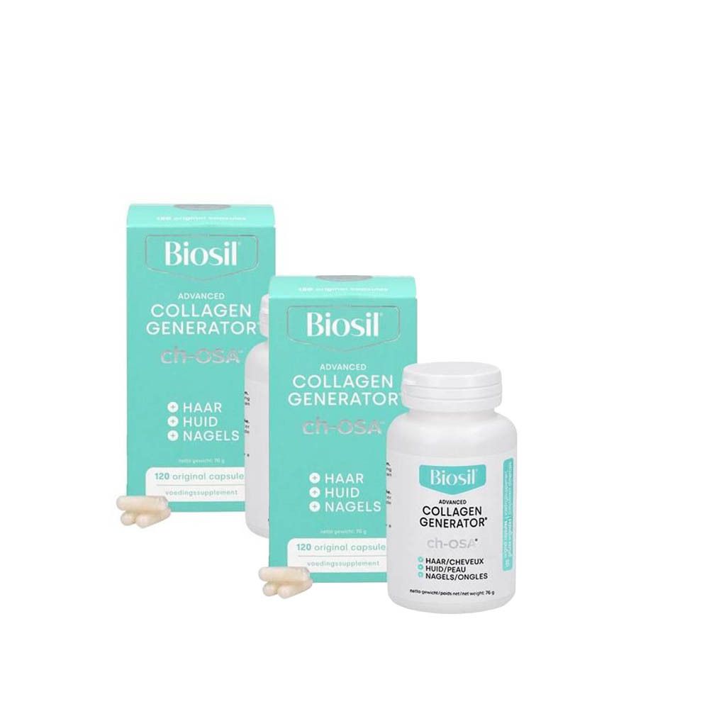 BioSil-verpakking met fles en capsules. Turquoise en wit design. Tekst: Advanced Collagen Generator, ch-OSA. Voor haar, huid, nagels.