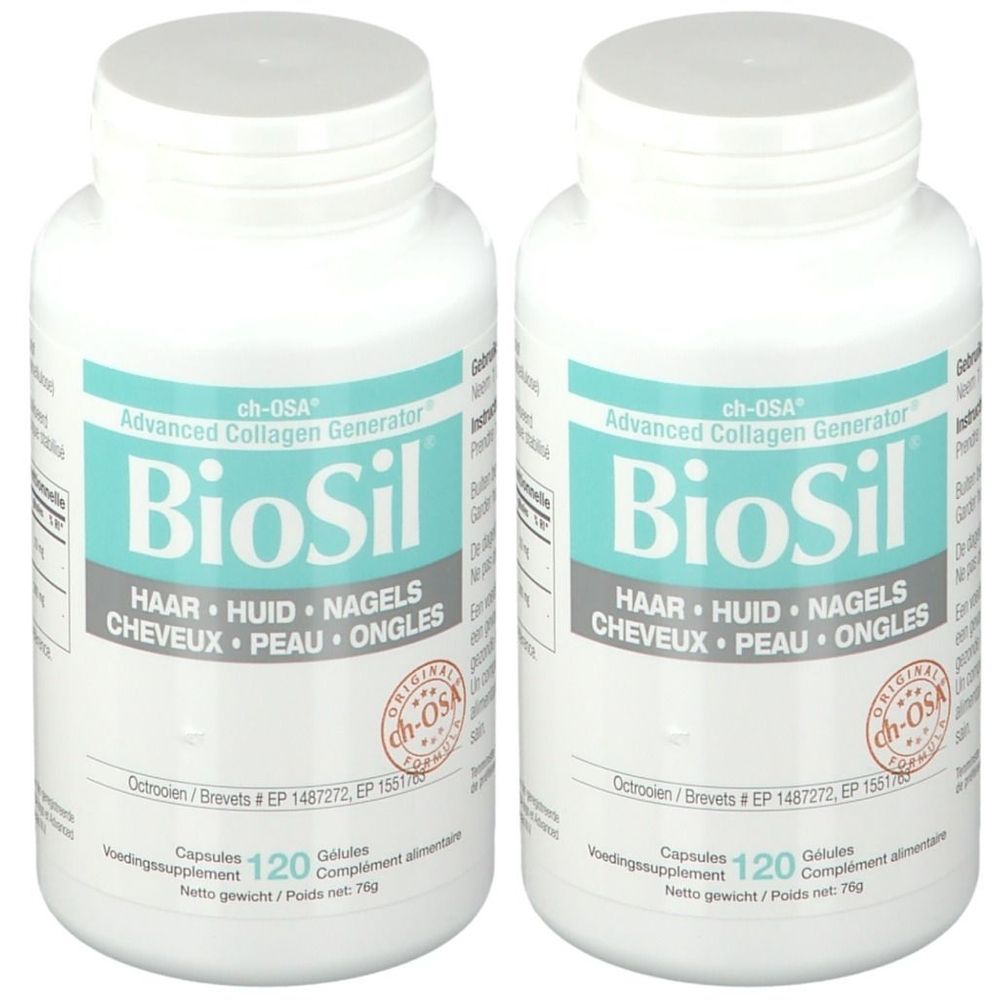 Twee witte BioSil-flessen met turquoise etiketten. Tekst: Advanced Collagen Generator, ch-OSA. Voor haar, huid, nagels.