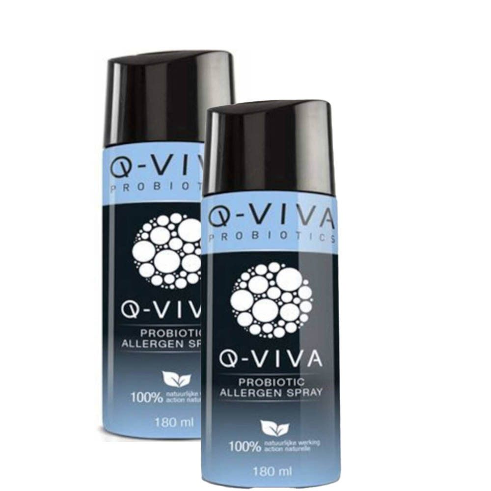 Twee spuitflessen met zwarte dop. Opschrift Q-VIVA PROBIOTICS, PROBIOTIC ALLERGEN SPRAY, 100% natuurlijke werking.