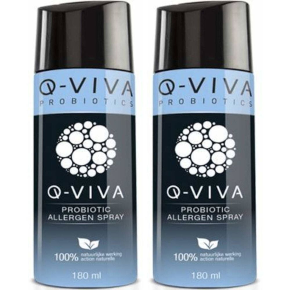 Zwei Sprühflaschen mit schwarzem Deckel. Aufschrift Q-VIVA PROBIOTICS, PROBIOTIC ALLERGEN SPRAY, 100% natürliche Wirkung.