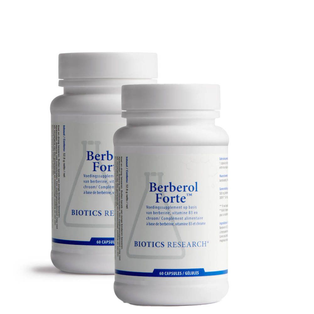 Twee witte flessen met etiketten. Op één staat "Berberol Forte". Merk: Biotics Research. Capsules.