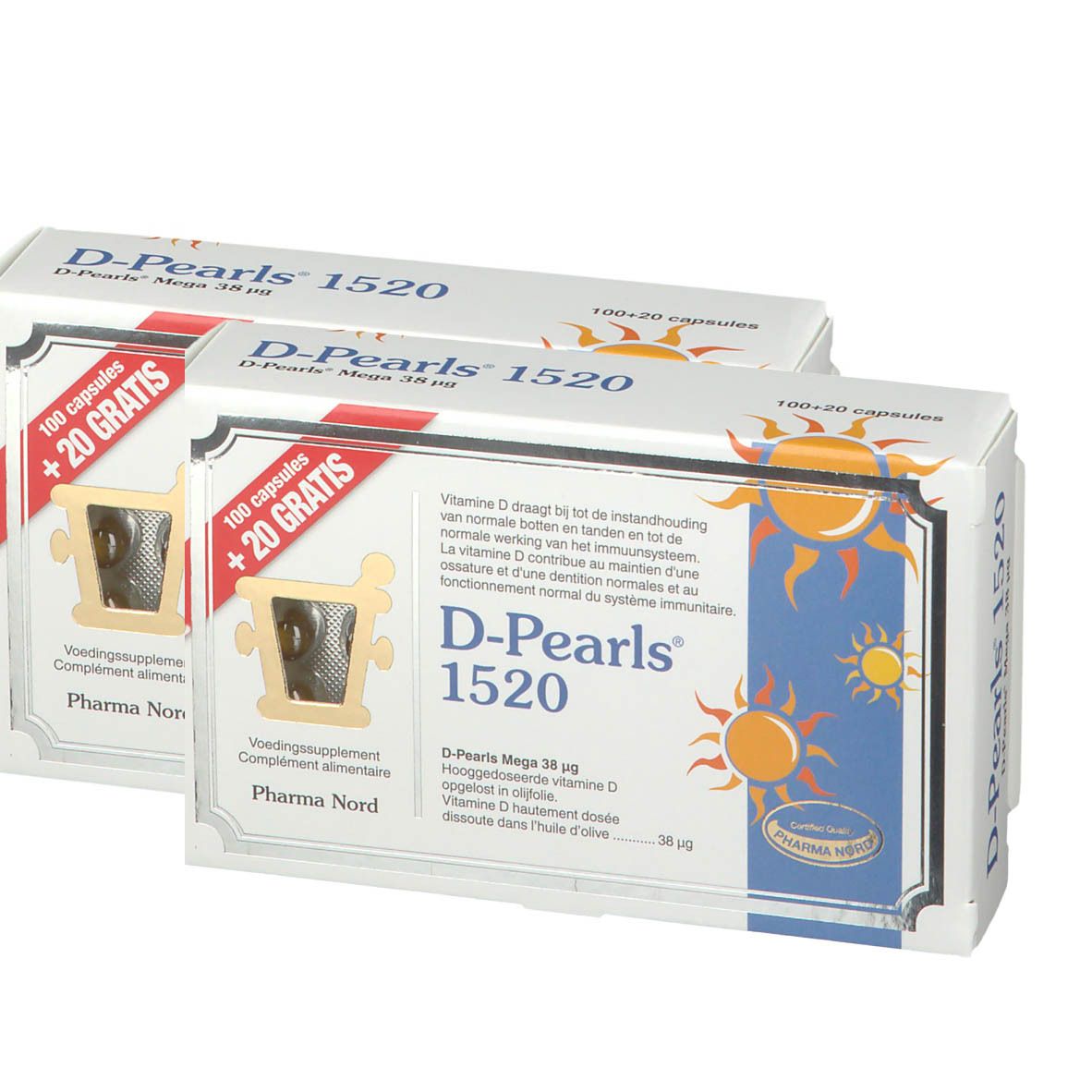 Deux boîtes D-Pearls 1520. Inscription : 100 capsules + 20 GRATUITES. Logo Pharma Nord. Design soleil et vagues.