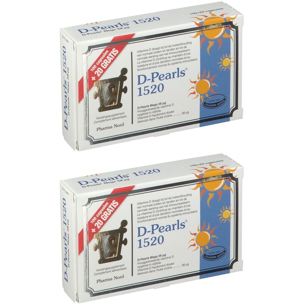 Deux boîtes de D-Pearls 1520. Inscription : 100 capsules + 20 GRATUITES. Logo Pharma Nord. Design soleil et vagues.