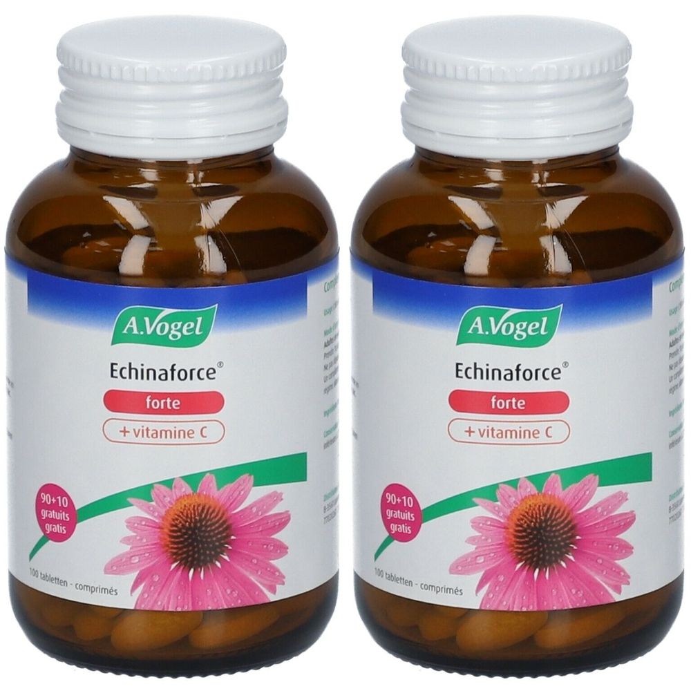 Zwei Flaschen A.Vogel Echinaforce Forte + Vitamin C. Braunglasflaschen mit weißen Deckeln und Etiketten.
