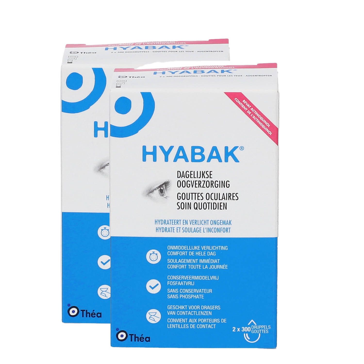 Deux boîtes de gouttes oculaires Hyabak. Emballage blanc avec texte bleu et rose. Texte: "Soins quotidiens".