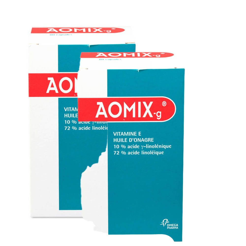 Meerdere verpakkingen met de tekst AOMIX-g. Opschrift: Vitamine E, teunisbloemolie, 10% gamma-linoleenzuur, 72% linolzuur. Omega Pharma logo.
