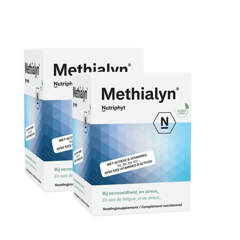 Deux boîtes de Nutriphyt Methialyn Duo. Emballage blanc avec fond bleu et nom du produit. Contient des vitamines B actives.