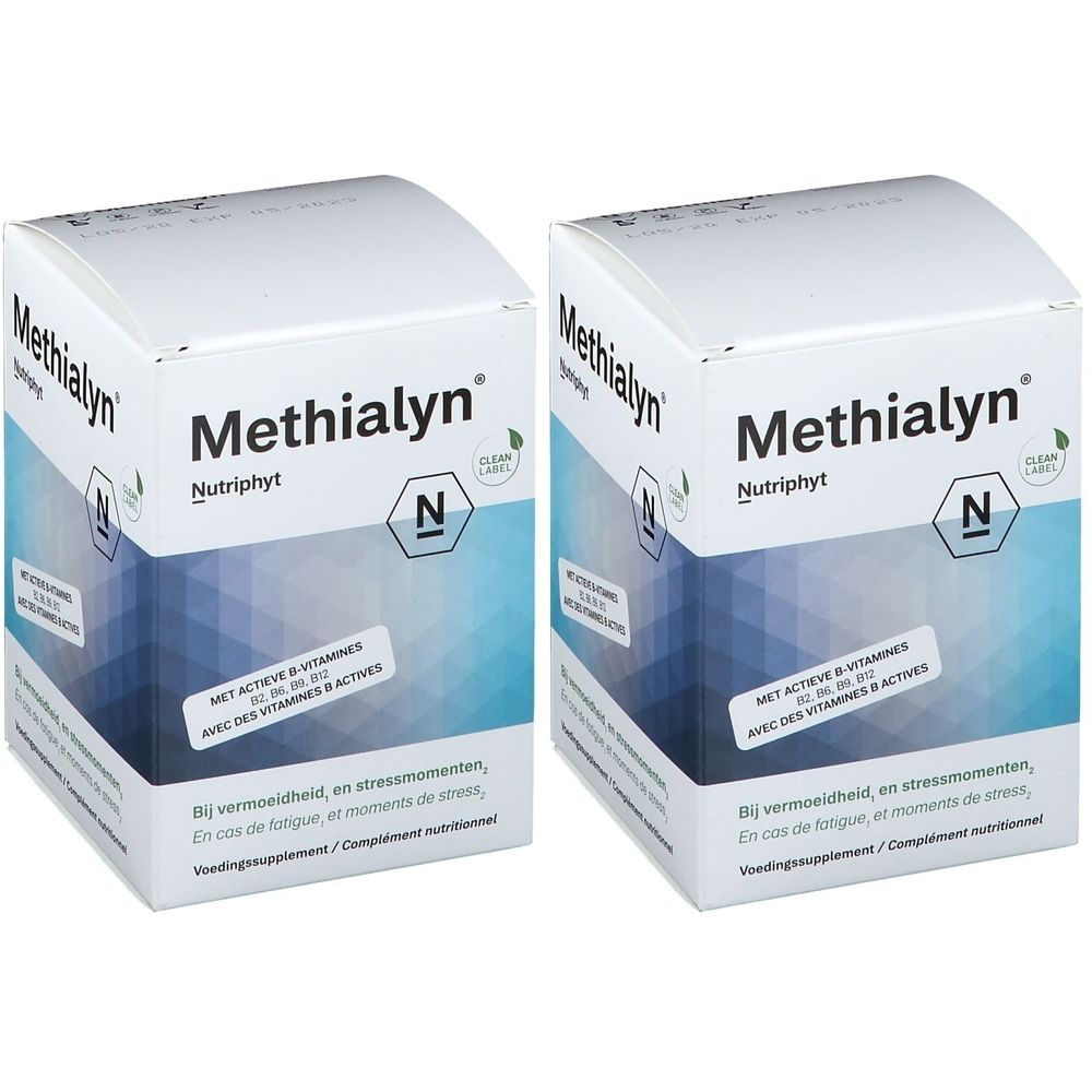 Deux boîtes de Nutriphyt Methialyn Duo. Emballage blanc avec graphique bleu et nom du produit. Contient des vitamines B actives.
