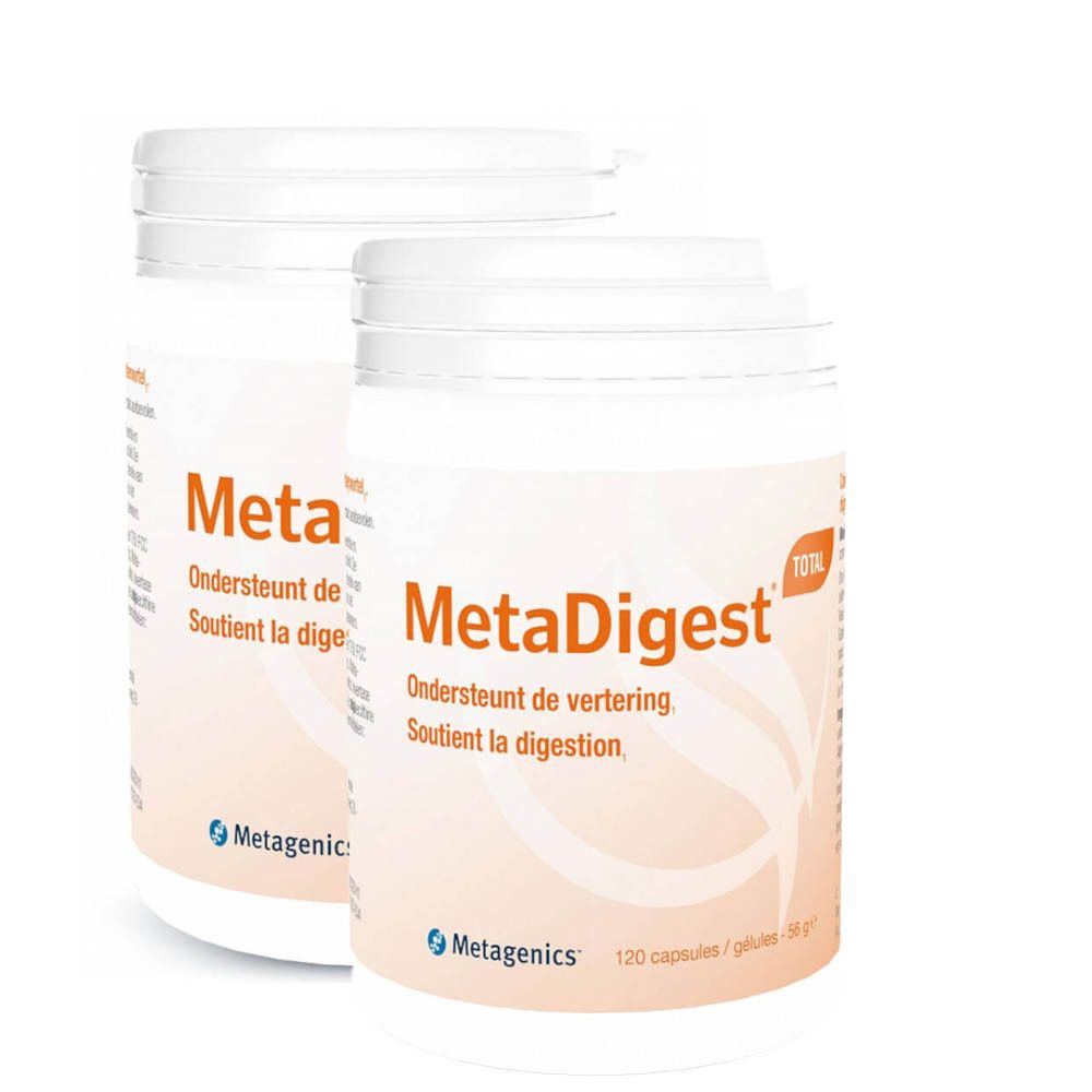 Deux pots blancs avec l'inscription MetaDigest. Inscription : Ondersteunt de vertering, Soutient la digestion. Marque : Metagenics.