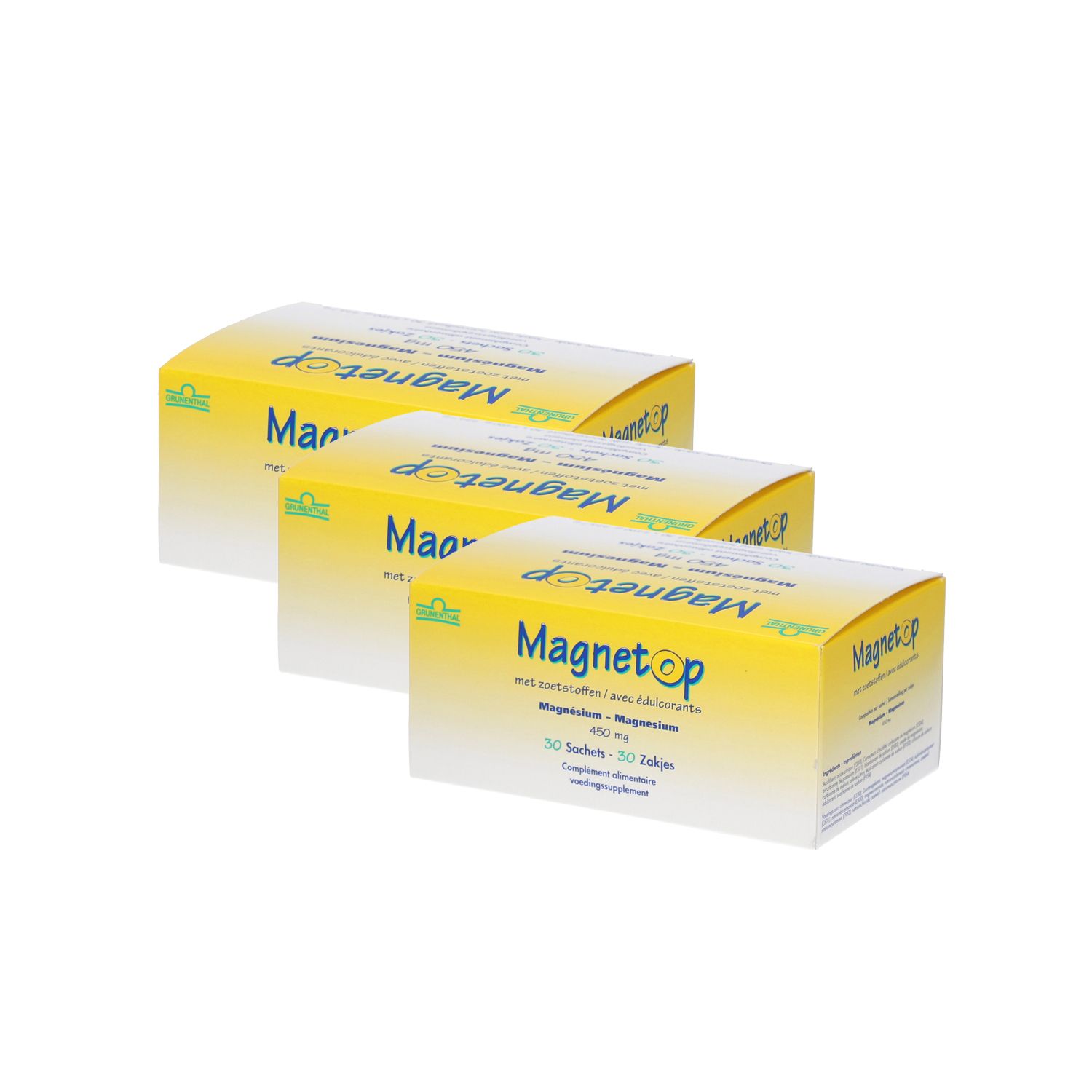 Drie gele dozen met de tekst Magnetop. Bevat 30 zakjes. Tekst: Magnesium. Groen-wit logo.
