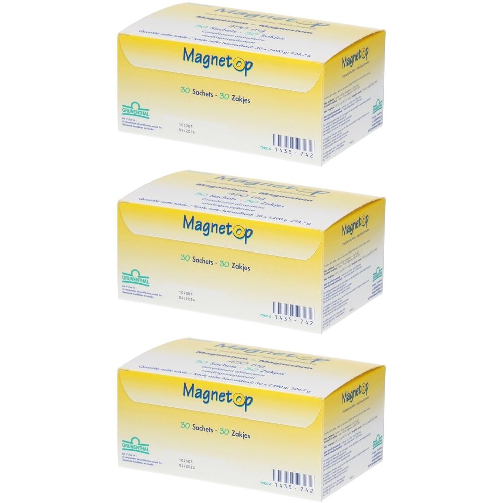 Drie gele dozen met de tekst Magnetop. Elke doos bevat 30 zakjes. Groen-wit logo.