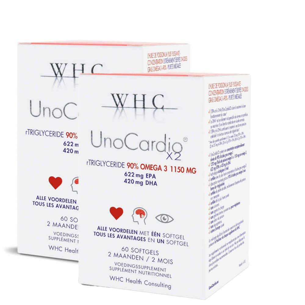 Twee witte dozen WHC UnoCardio. Opschriften: Omega 3, EPA, DHA, 60 softgels. Logo's: hart, hersenen, oog.