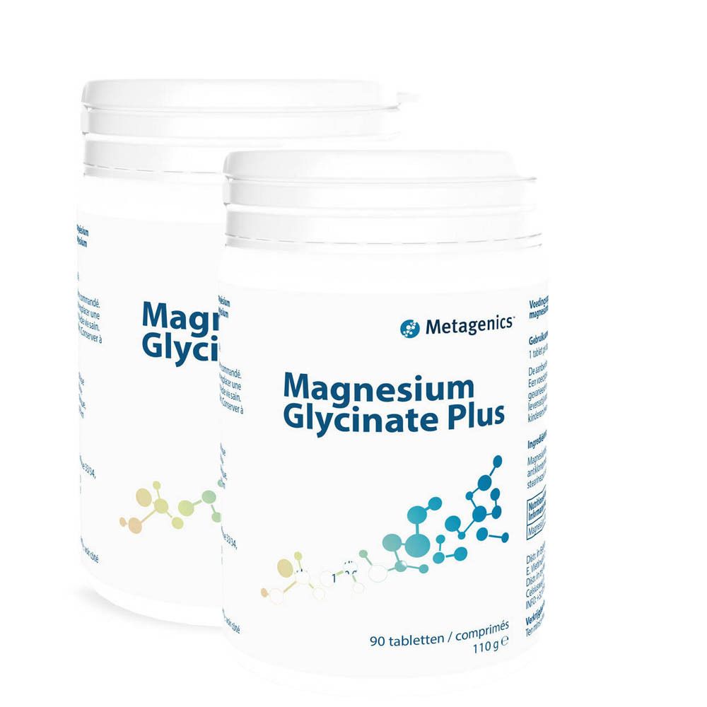 Deux pots blancs avec l'inscription "Magnesium Glycinate Plus" et le logo Metagenics. Inscription : 90 comprimés, 110g.