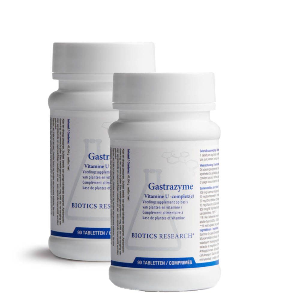 Deux flacons blancs avec étiquettes. Inscription : Gastrazyme, complexe de vitamine U. Marque : Biotics Research. 90 comprimés.