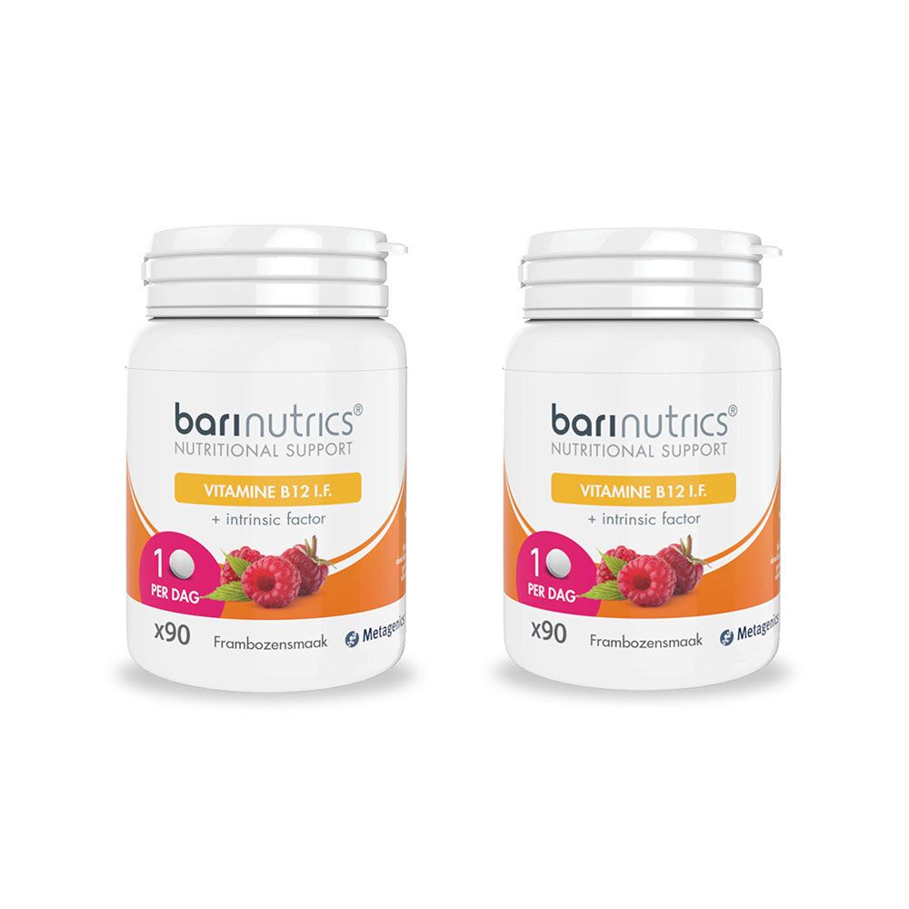 Twee witte flessen BariNutrics vitamine B12 I.F. Framboos. Opschrift: Vitamine B12 L.F., 10 per dag, x90, Frambozensmaak.