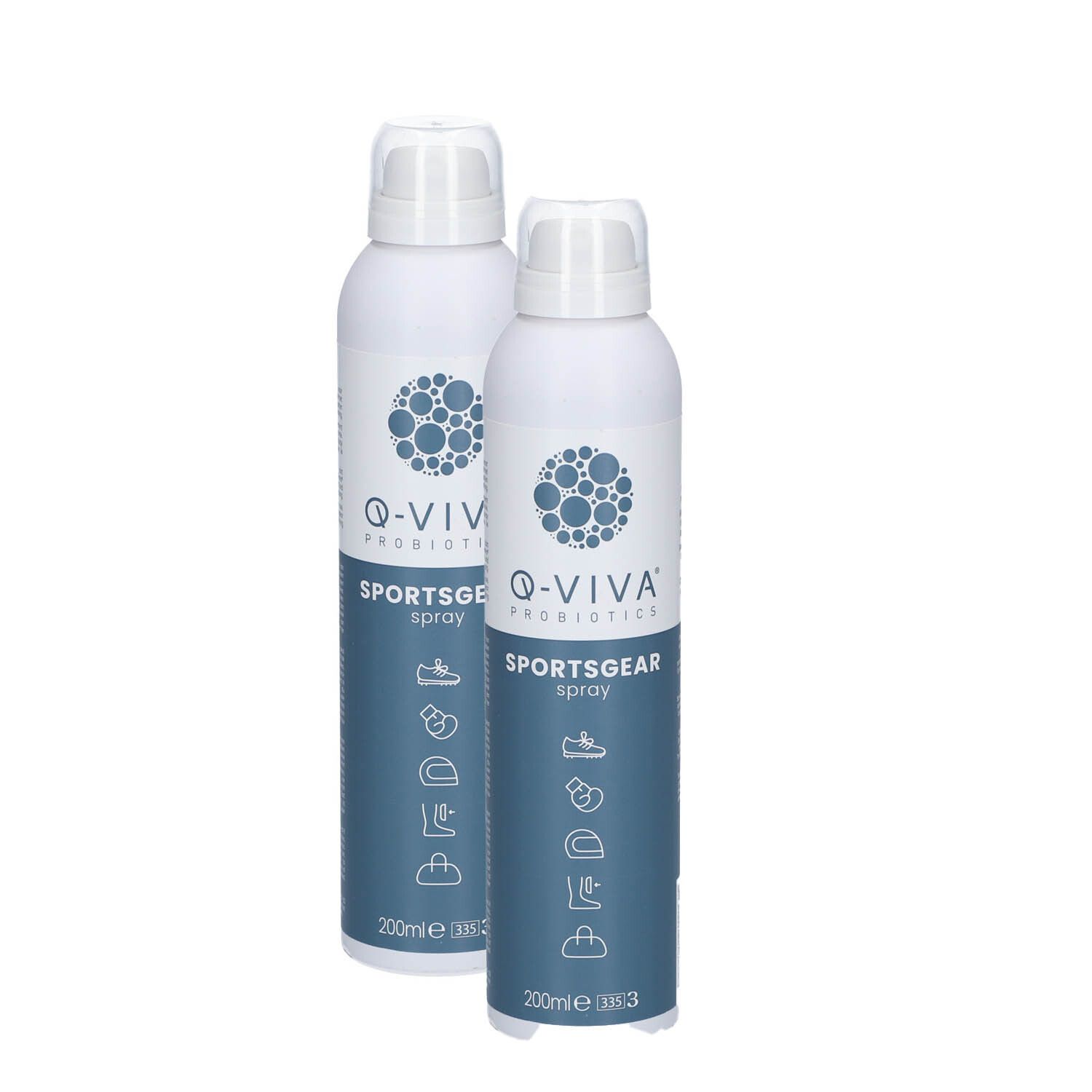 Deux flacons de spray Q-viva Sportsgear. Flacons blancs avec étiquette bleue. Inscription : Q-viva Probiotics, Sportsgear Spray. 200ml.