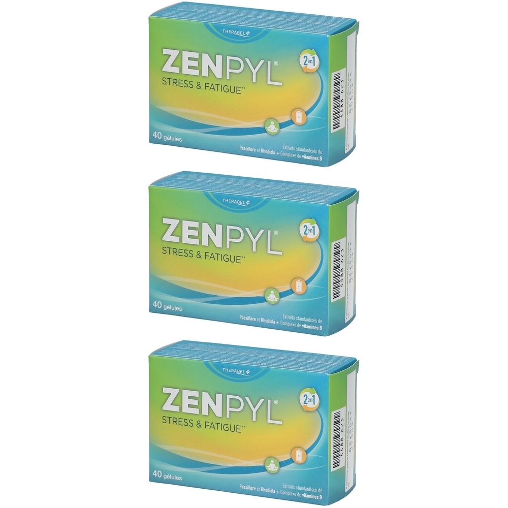 Trois boîtes de ZENPYL, 40 gélules, contre le stress et la fatigue. Emballage bleu et vert.