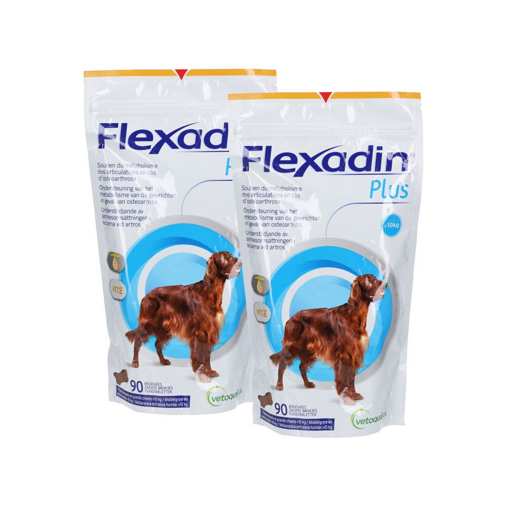 Deux sachets Flexadin Plus Chien >10 kg. Chien, cercle bleu, texte. 90 comprimés.