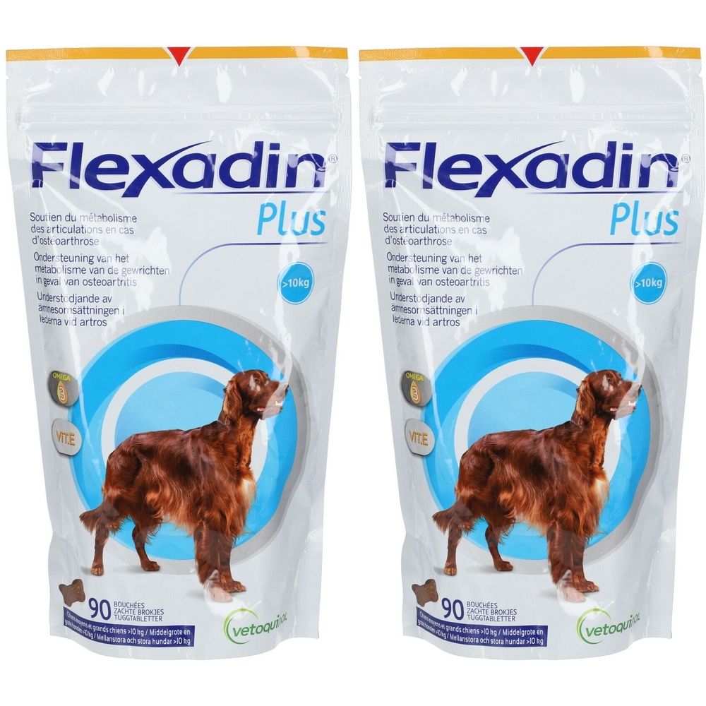 Deux sachets Flexadin Plus Chien >10 kg. Image de chien, cercle bleu, texte. 90 comprimés.