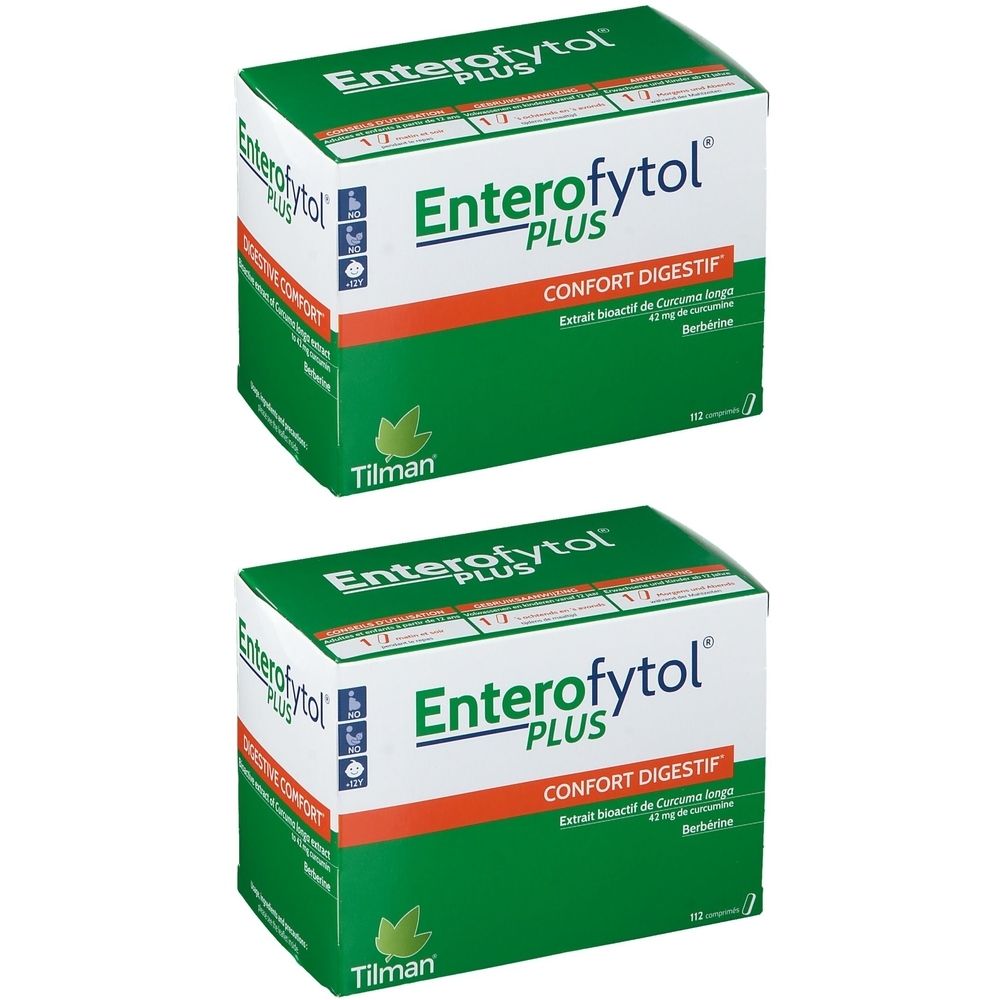 Deux boîtes vertes avec texte blanc: Enterofytol PLUS, Confort Digestif. Logo Tilman en bas.