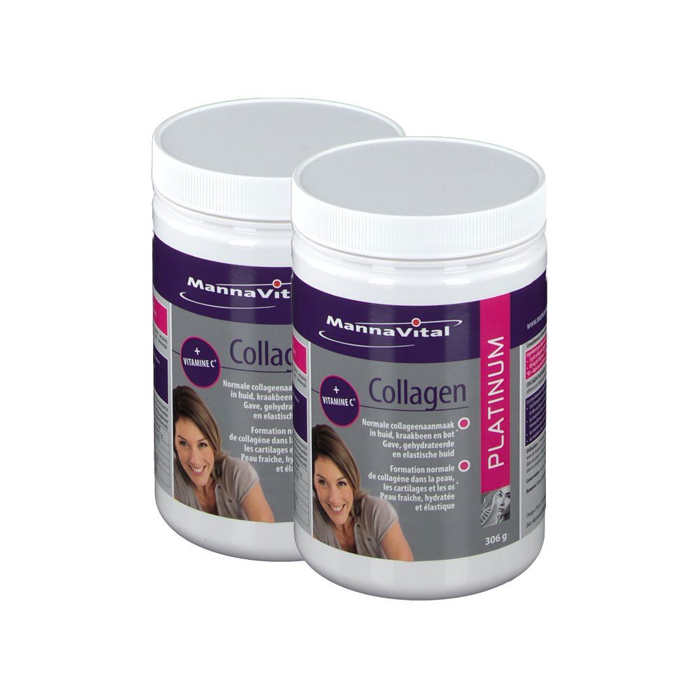 Deux boîtes de Mannavital Collagène Platin. Récipients blancs avec étiquettes violettes. Inscription Collagène + Vitamine C. Visage de femme.