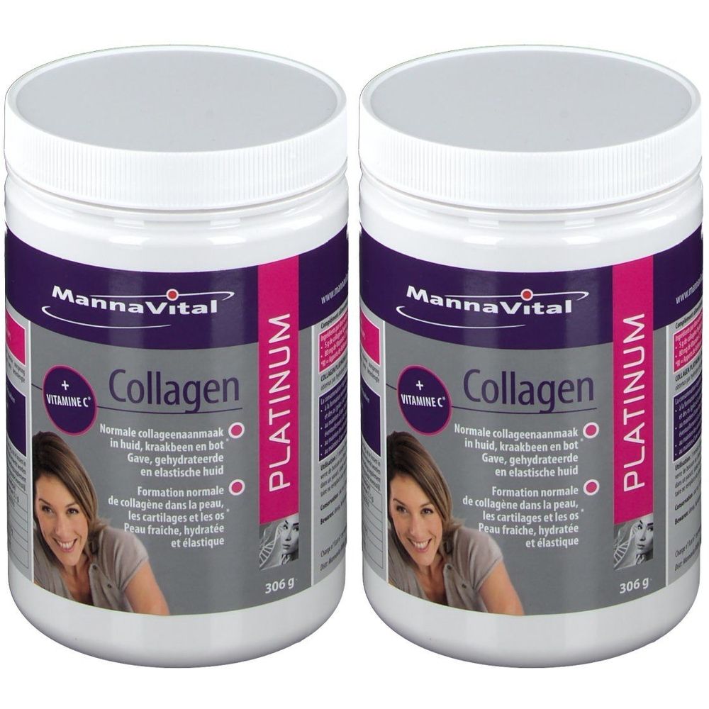 Deux boîtes de Mannavital Collagène Platin. Récipients blancs avec étiquettes violettes. Inscription Collagène + Vitamine C. Visage de femme.