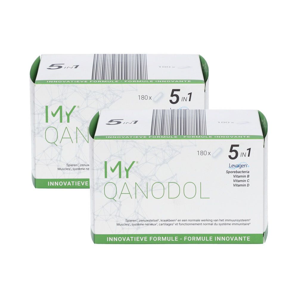 Twee witte dozen met "MY QANODOL" logo. "5 in 1" en ingrediënten. Groene accenten.