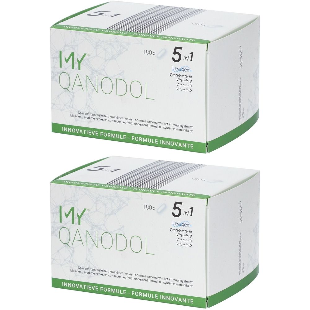 Twee witte dozen met de tekst "MY QANODOL". Opschrift "5 in 1" en ingrediënten. Groene accenten.