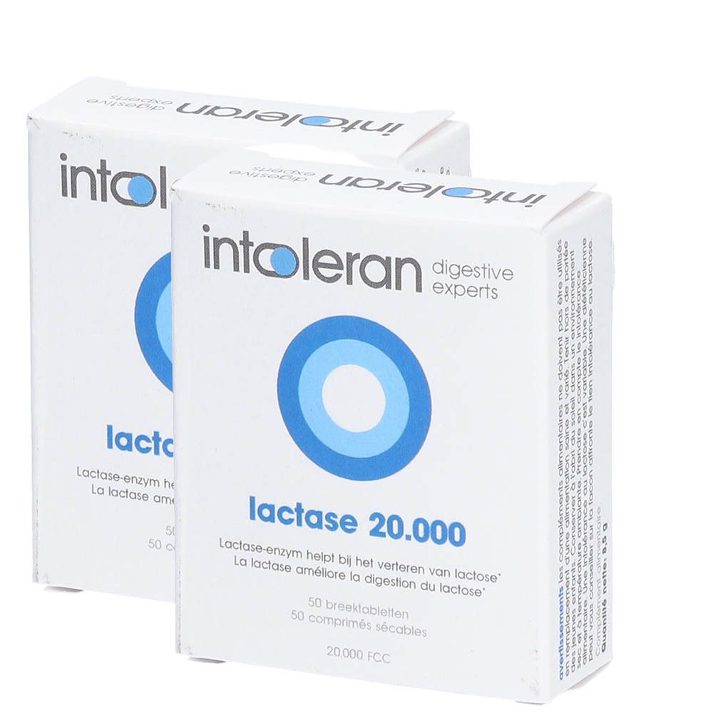 Deux boîtes blanches avec un cercle bleu. Inscription : Intoleran, lactase 20.000. 50 comprimés.