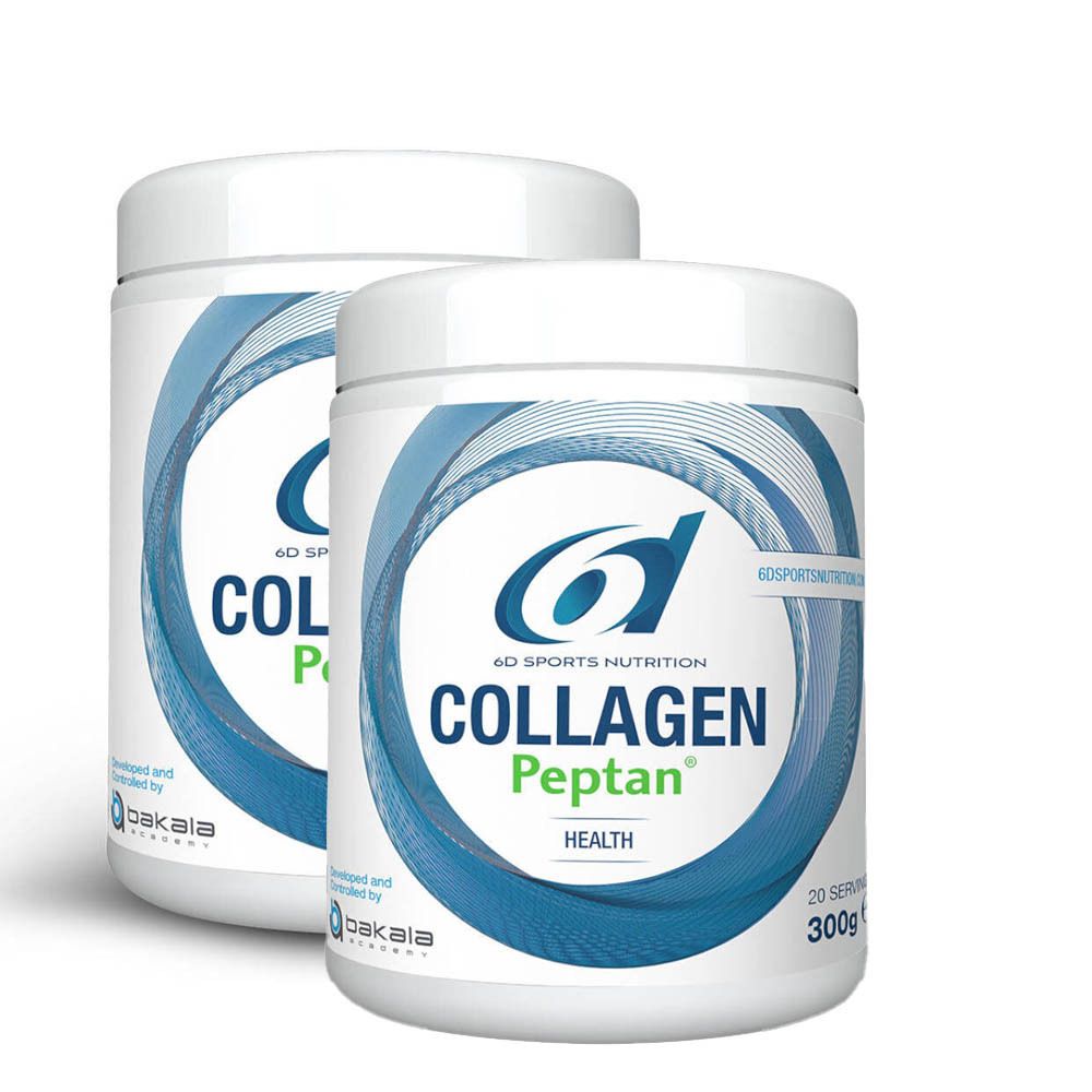 Twee witte potten met blauw etiket. Opschrift: Collagen Peptan Health. 6D Sports Nutrition. 20 porties.