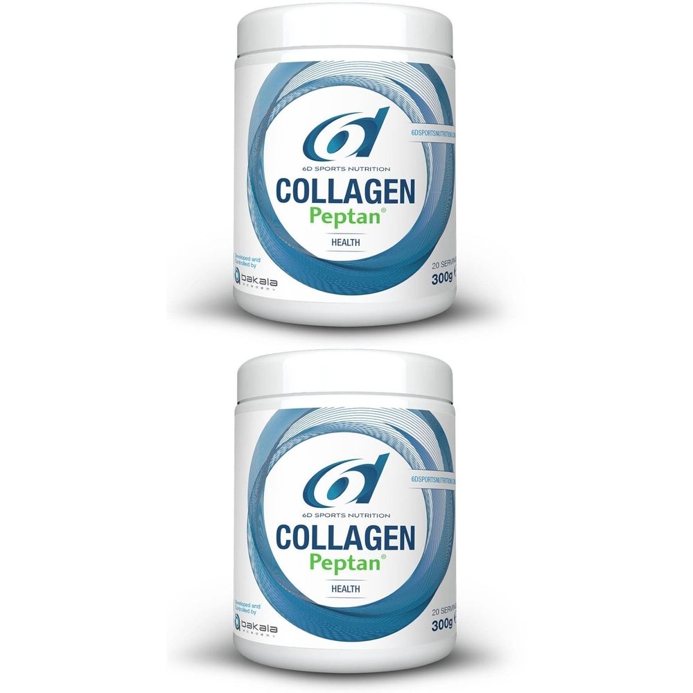 Twee witte potten met blauw etiket. Opschrift: Collagen Peptan Health. 6D Sports Nutrition.
