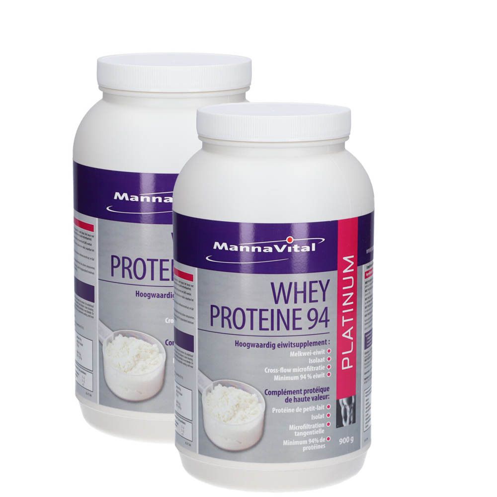 Deux pots blancs avec l'inscription "MannaVital Whey Proteine 94 Platinum".