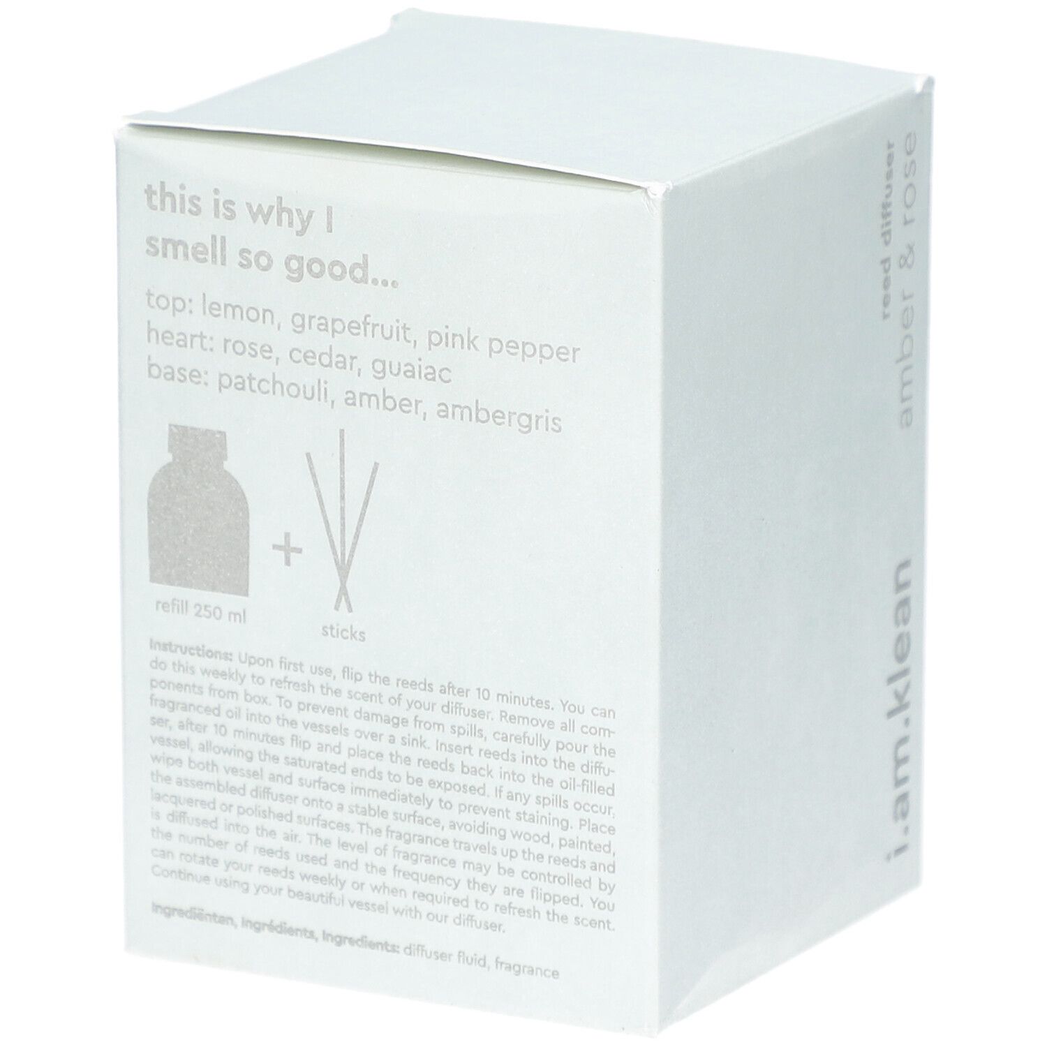Weiße Kartonverpackung. Text: 'this is why I smell so good...'. Inhaltsstoffe. Illustration: Flasche und Stäbchen. Text: 250 ml, sticks.
