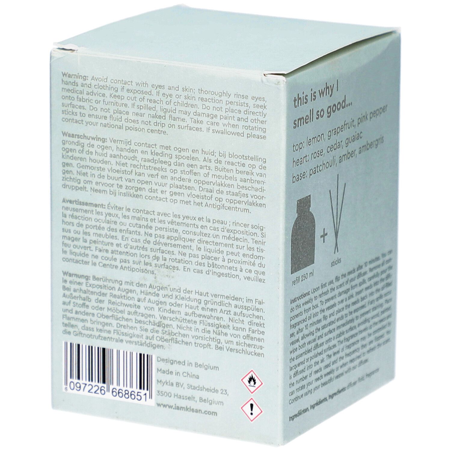 Weiße Kartonverpackung. Text: Warnhinweise. Barcode. Adresse. Text: Designed in Belgium, Made in China. Gefahrensymbole.