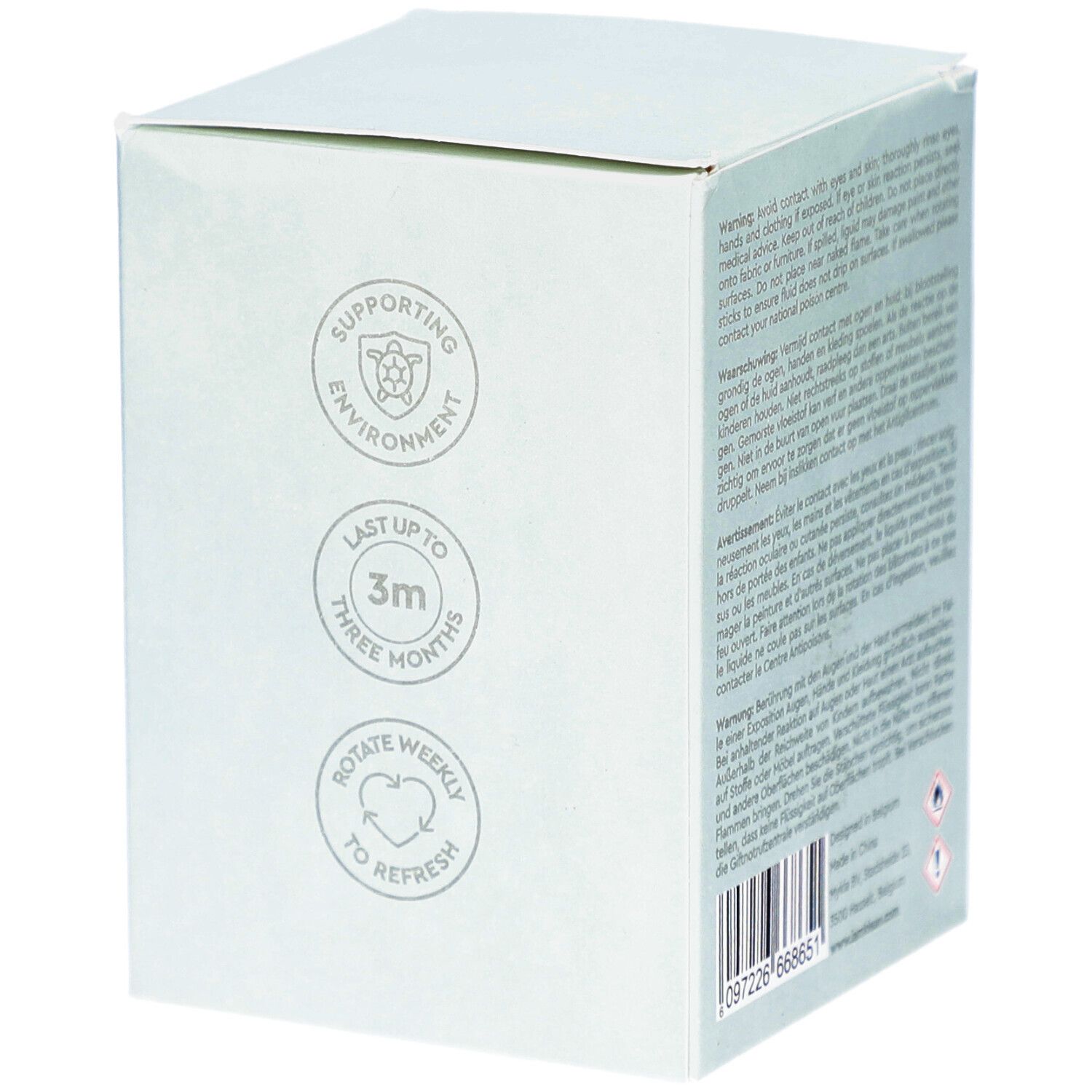 Weiße Kartonverpackung. Logos: umweltfreundlich, 3 Monate Haltbarkeit, wöchentlich drehen. Text: Warnhinweise. Barcode.