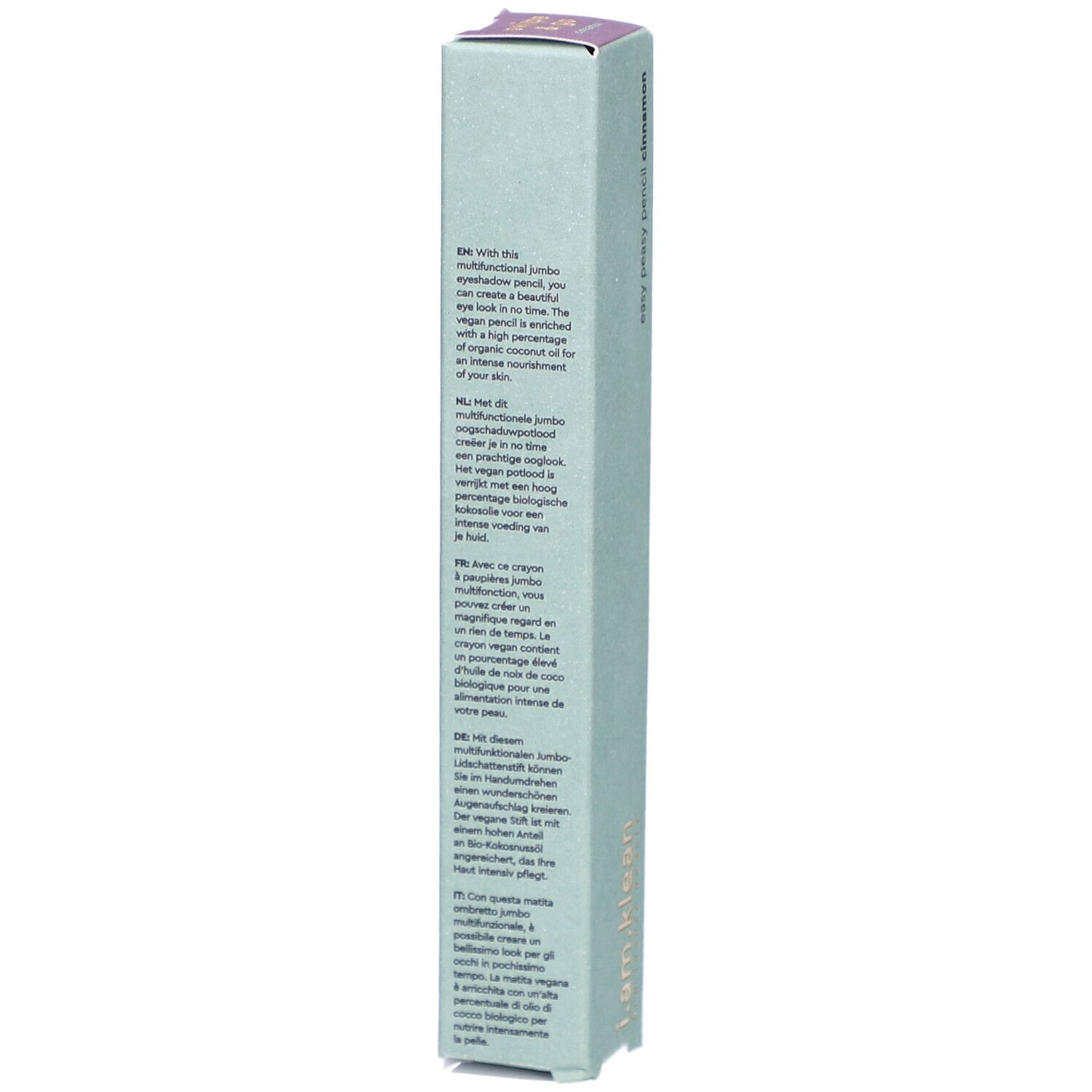 Boîte verte claire avec textes multilingues. Contient des informations sur le produit, orientation verticale.