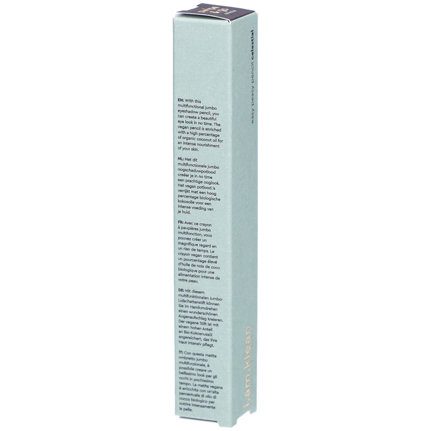 Emballage i.am.klean Eye Pencil Easy Peasy Celestial. Texte en anglais, néerlandais, français et italien.