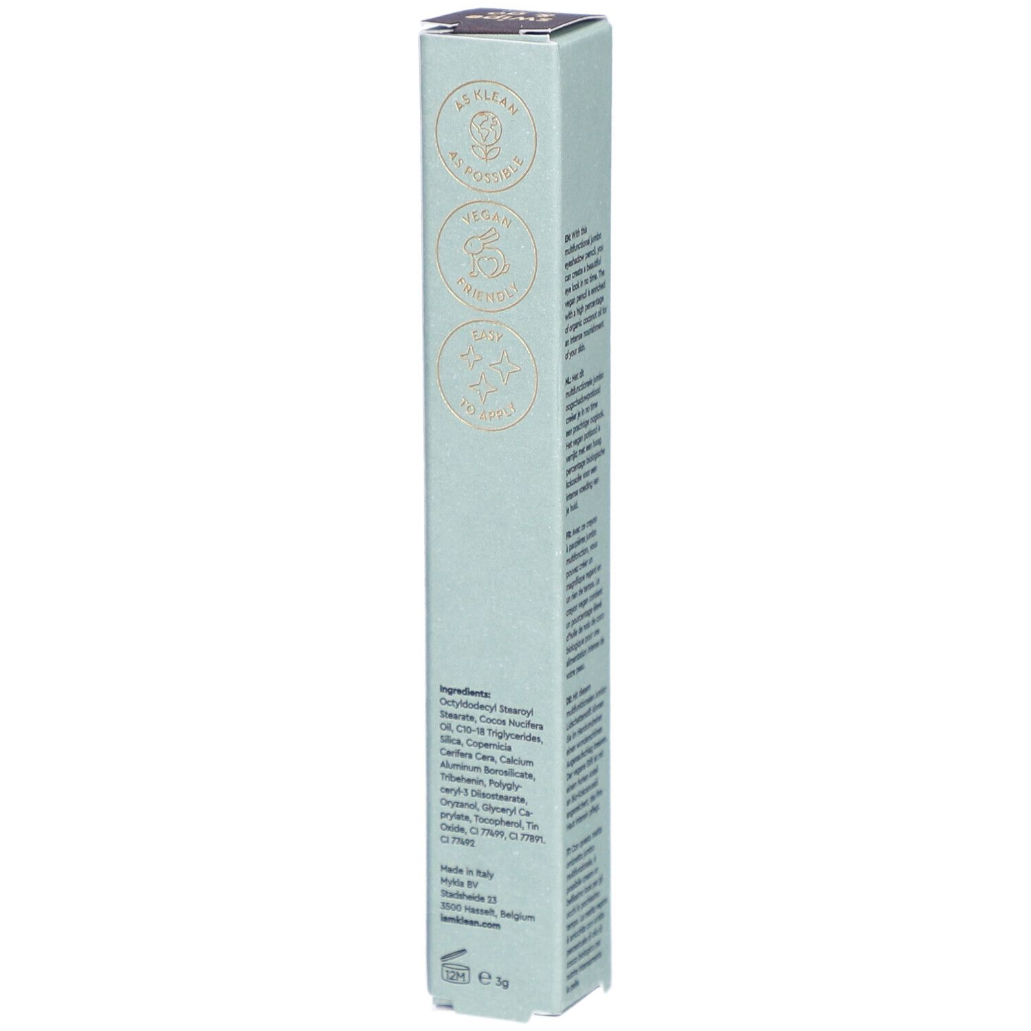 Dos de l'emballage i.am.klean Eye Pencil. Certifications Vegan, Natrue et COSMOS NATURAL.