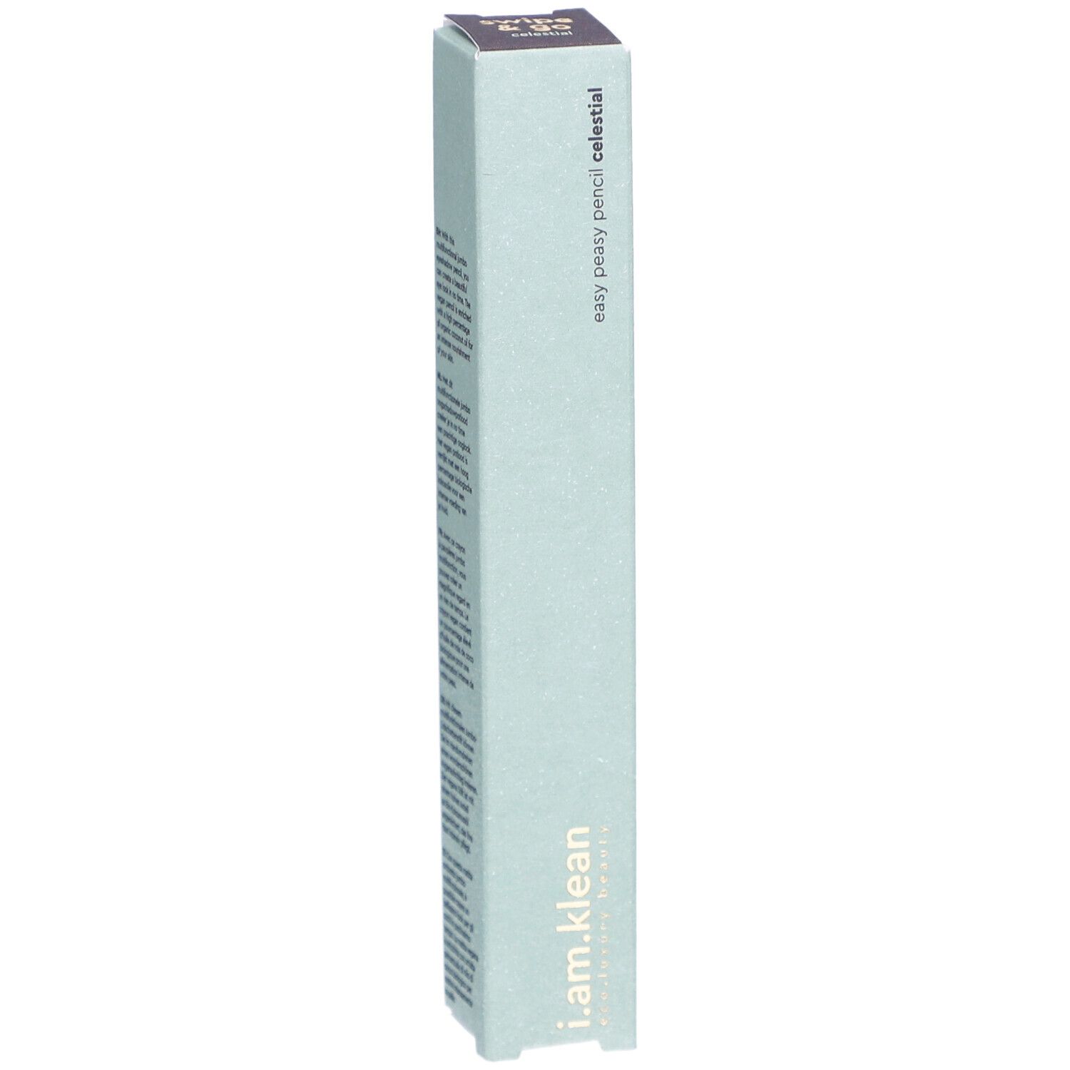 Emballage i.am.klean Eye Pencil Easy Peasy Celestial. Boîte vert clair avec nom du produit et logo.