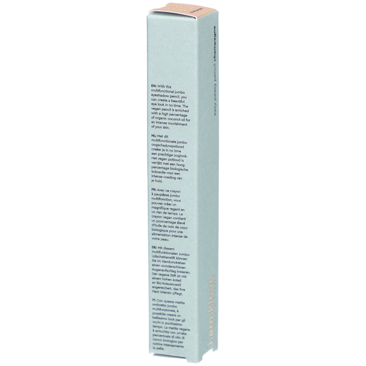 i.am.klean Eye Pencil Easy Peasy Champagner. Hellgrüne Verpackung. Text auf der Verpackung. Eckige Form.