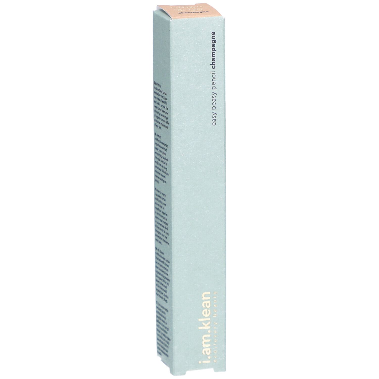 i.am.klean Eye Pencil Easy Peasy Champagner. Hellgrüne Verpackung. Produktname und Marke sichtbar. Eckige Form.