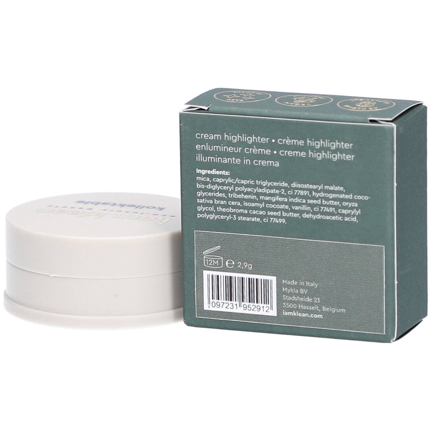 Grüne Schachtel und cremefarbener Behälter. Auf der Schachtel steht i.am.klean, kollektable cream highlighter. Der Behälter hat einen Deckel mit Schriftzug.