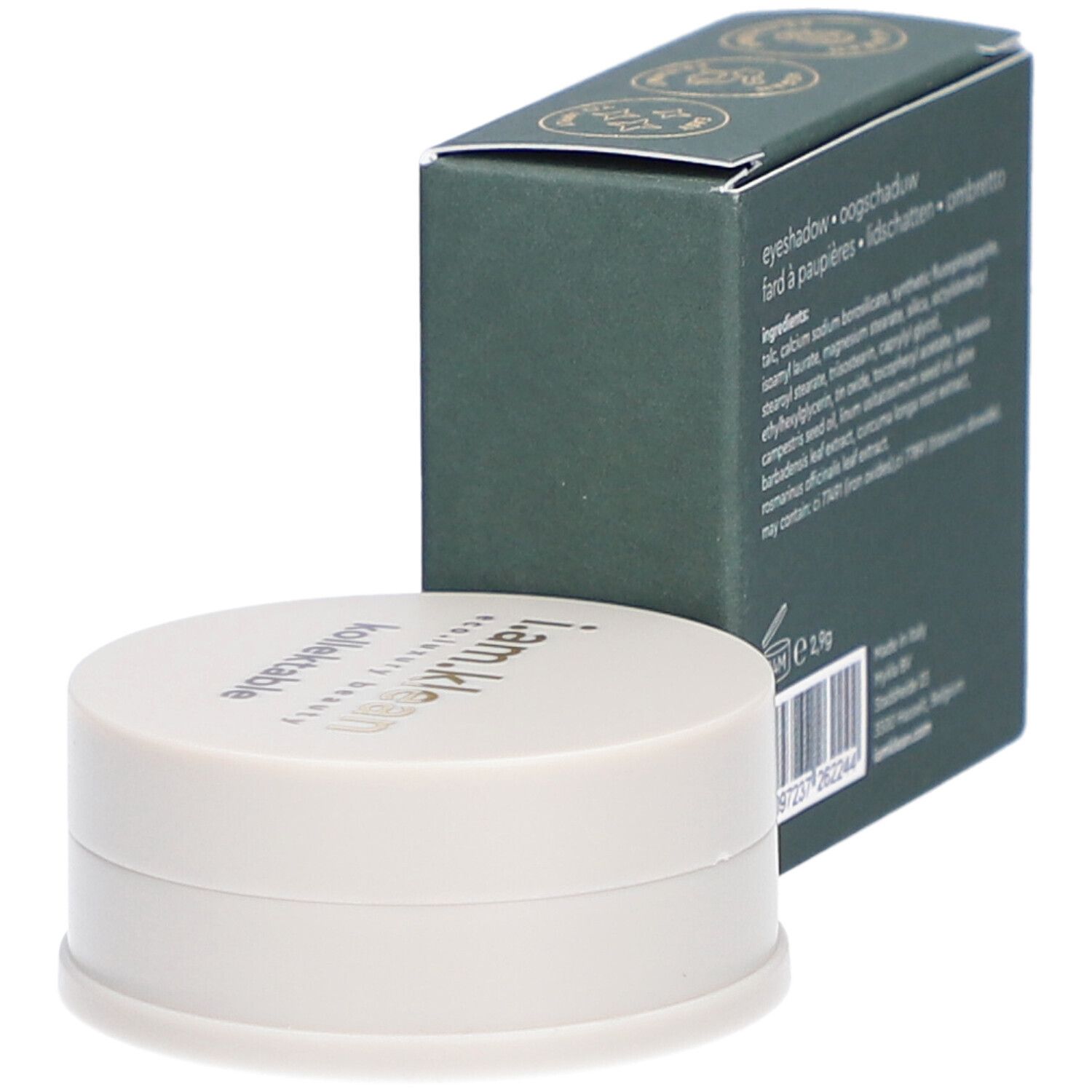 Grüne Schachtel und Dose. Auf der Schachtel steht: Inhaltsstoffe, eyeshadow, 24M, 2,9g. Dose daneben.
