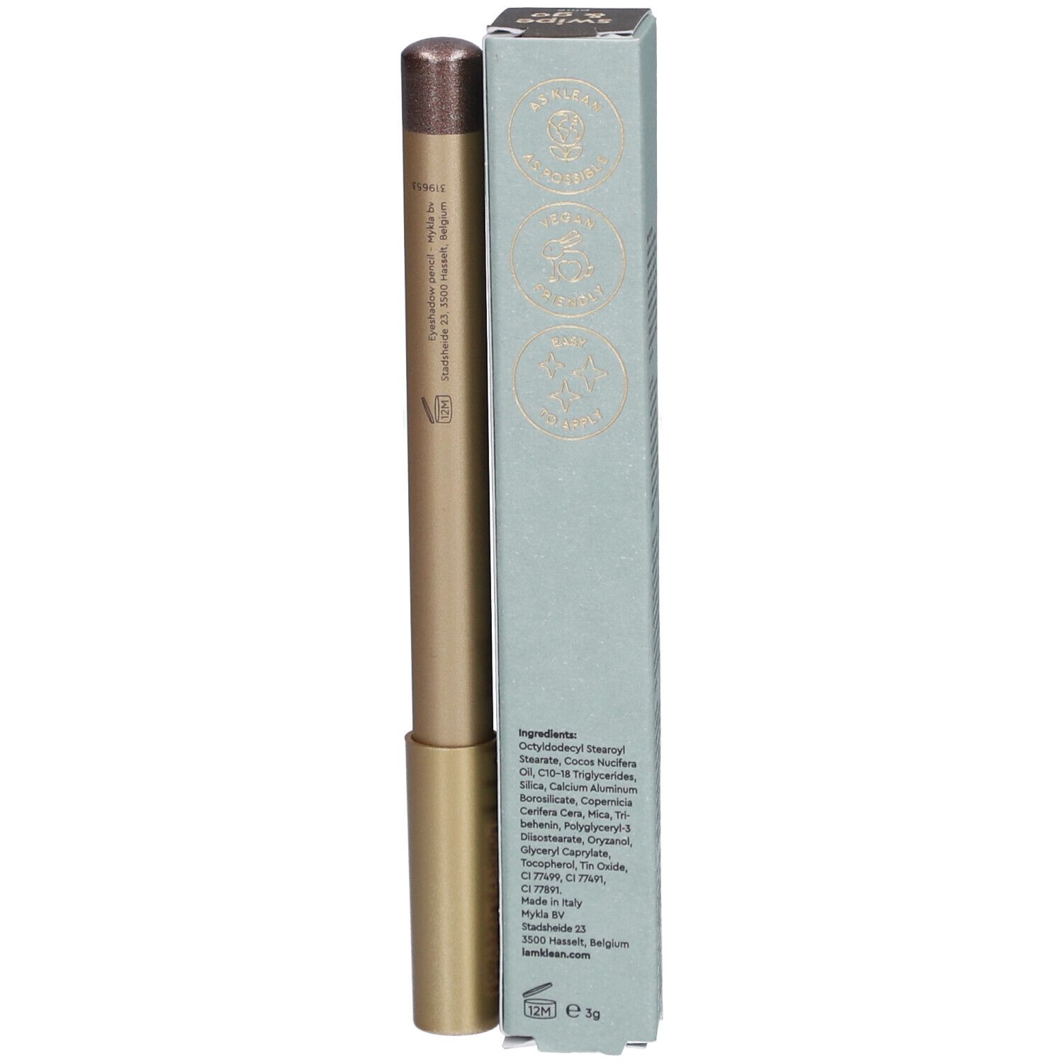 Augen-Eyeliner-Stift und Verpackung. Goldfarbener Stift, hellgrüne Verpackung mit Produktinformationen. Aufschrift: i.am.klean, easy peasy pencil pine.