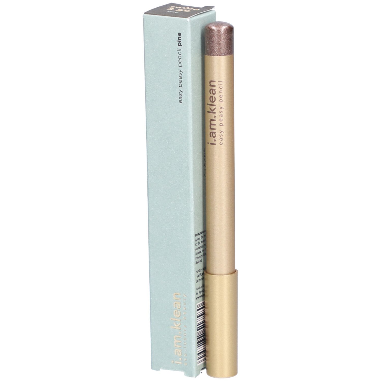 Augen-Eyeliner-Stift und Verpackung. Goldfarbener Stift, hellgrüne Verpackung mit Produktnamen. Aufschrift: i.am.klean, easy peasy pencil pine.