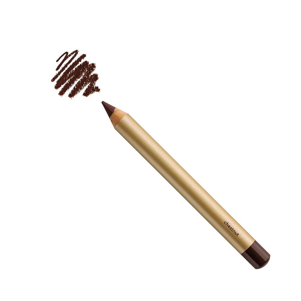 Crayon pour les yeux i.am.klean. Crayon doré avec pointe marron et échantillon de trait marron. Le crayon indique "chestnut".