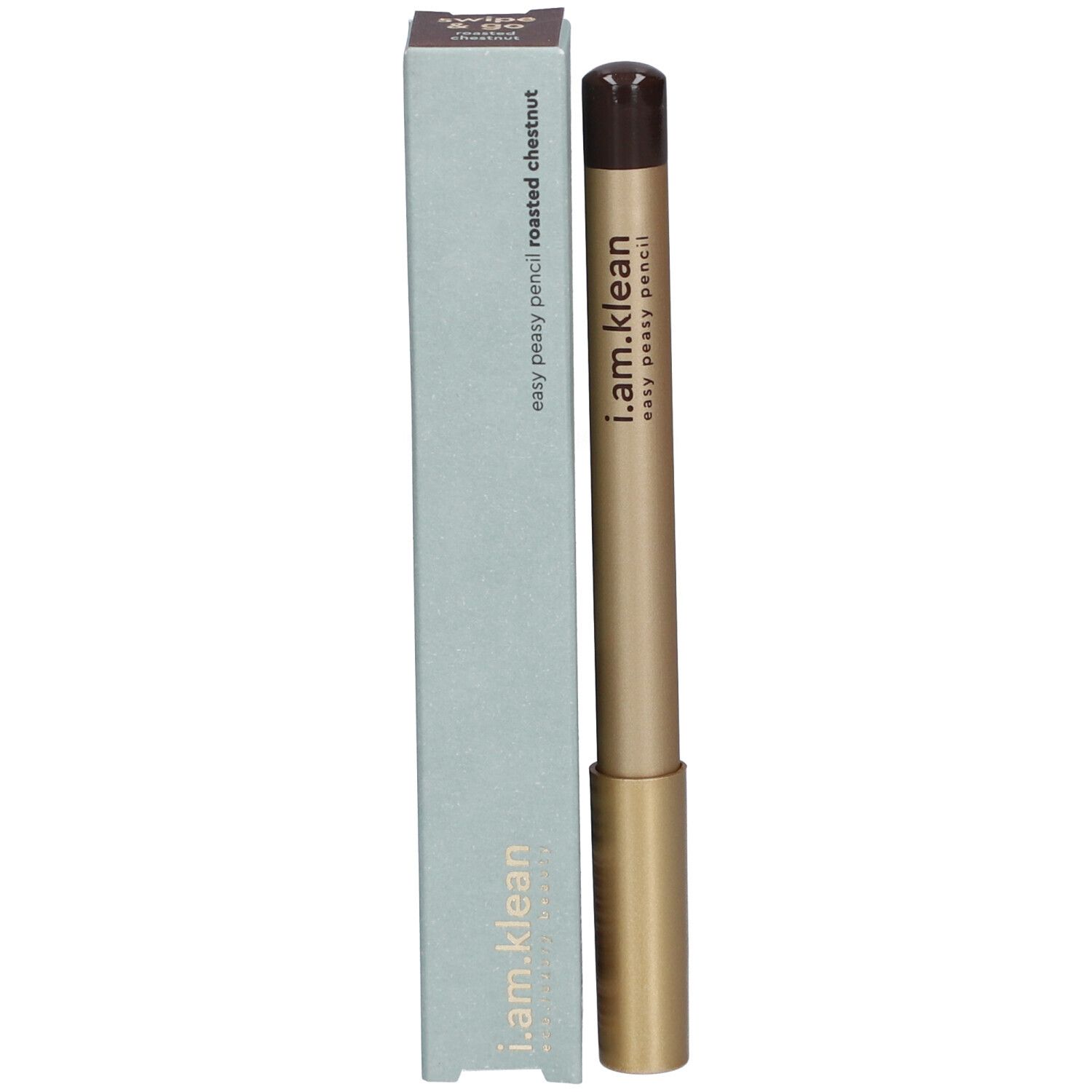i.am.klean Eye Pencil. Goldfarbener Stift mit brauner Spitze und hellblauer Verpackung. Auf der Verpackung steht "easy peasy pencil roasted chestnut".