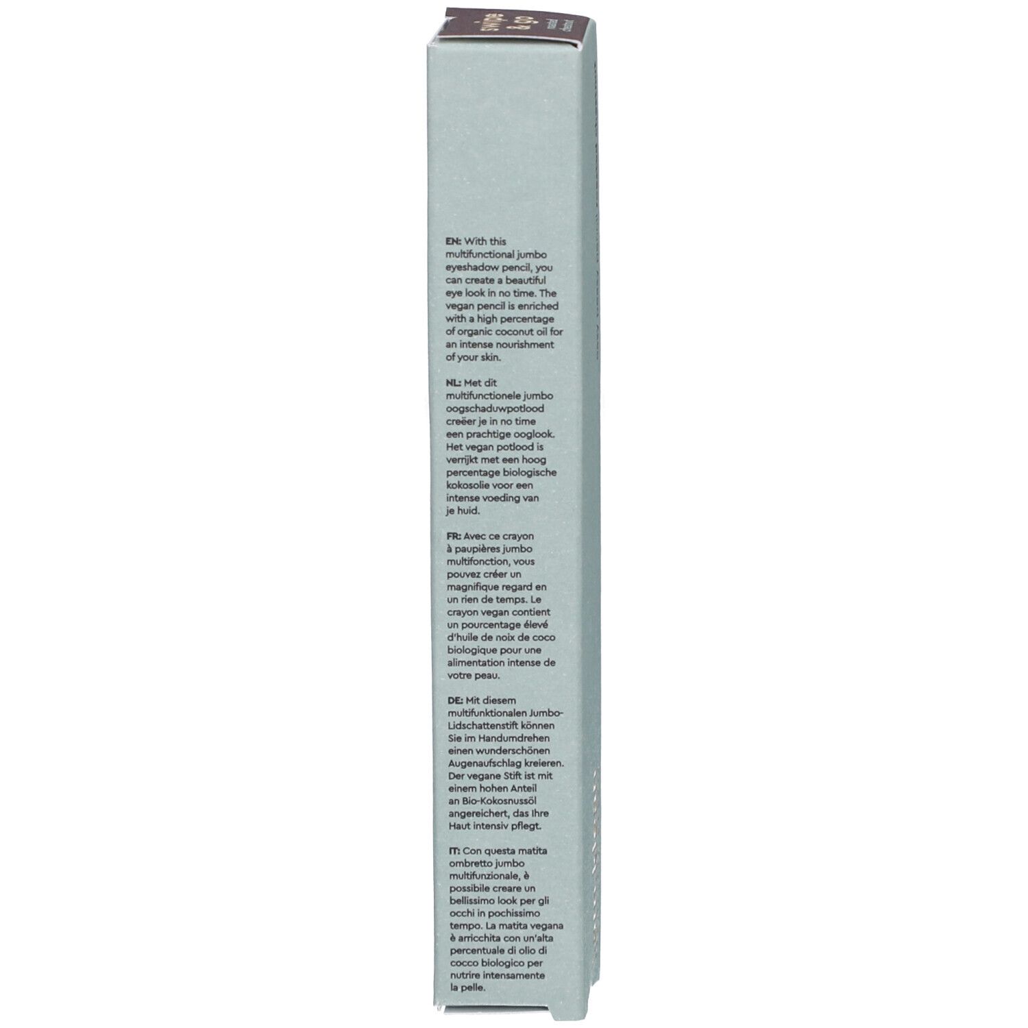 Hellblaue Verpackung für i.am.klean Eye Pencil. Text in mehreren Sprachen. Enthält Informationen über das Produkt und Inhaltsstoffe.